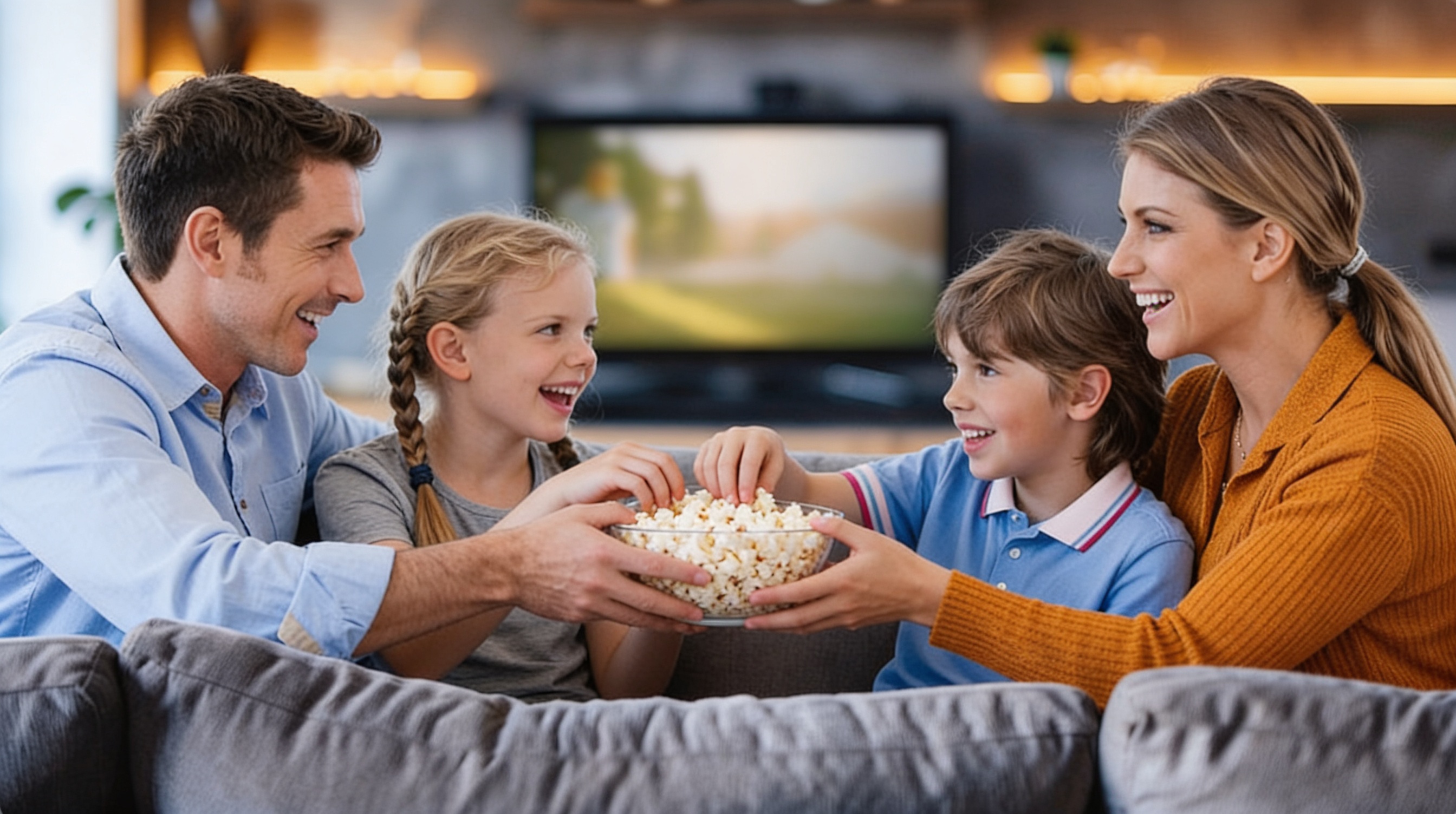 Rodzina oglądająca telewizję – oferta telewizji ARKOM